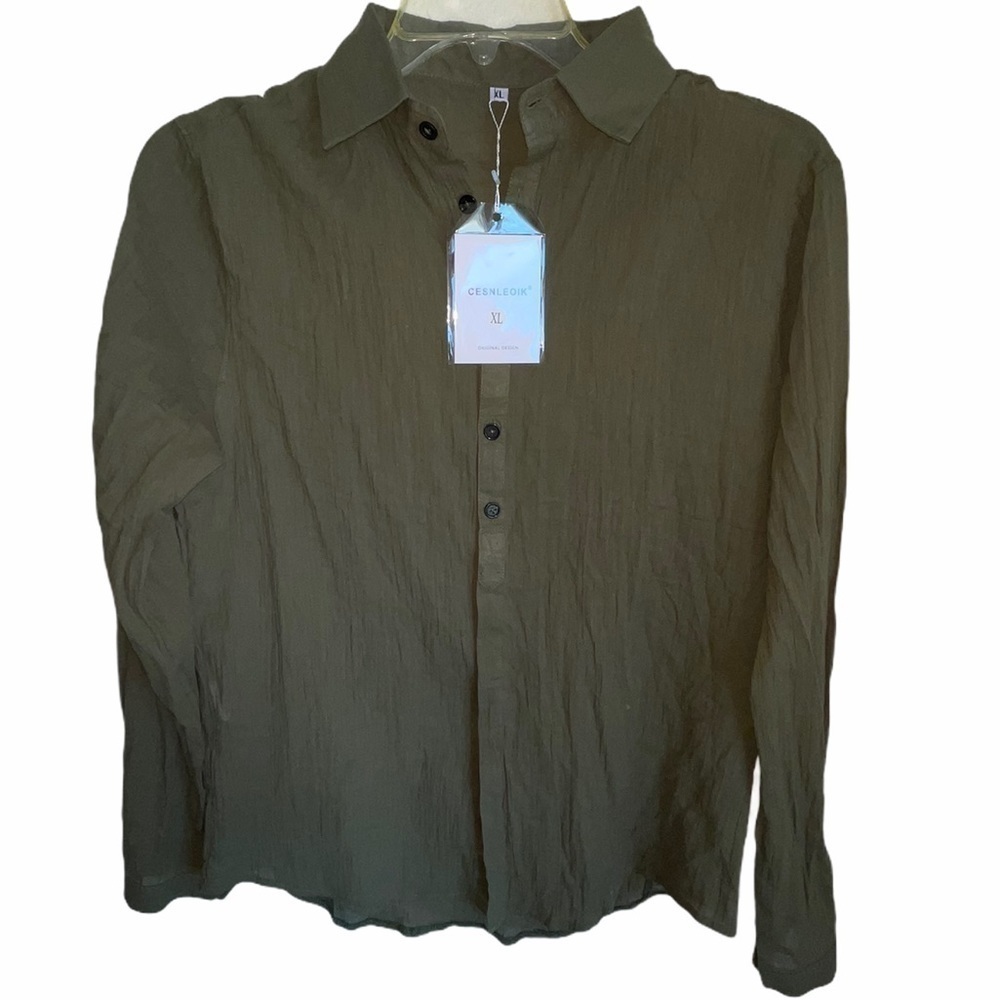 NWT-Cesnleoik Green Linen Button Down Shirt - Picture 2 of 8